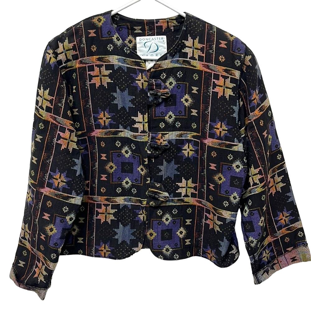 Vintage Womens Tapestry Jacket Size 10 Art to Wear Funky Red Multicolor Silk